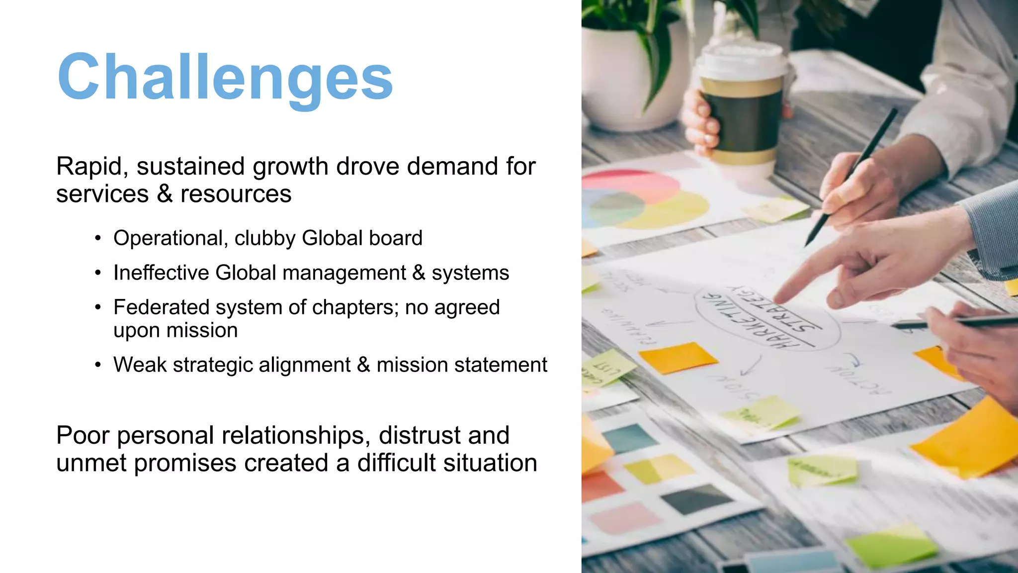 Rapid, sustained growth drove demand for
services & resources
• Operational, clubby Global board
• Ineffective Global management & systems
• Federated system of chapters; no agreed
upon mission
• Weak strategic alignment & mission statement
Challenges
Poor personal relationships, distrust and
unmet promises created a difficult situation
 