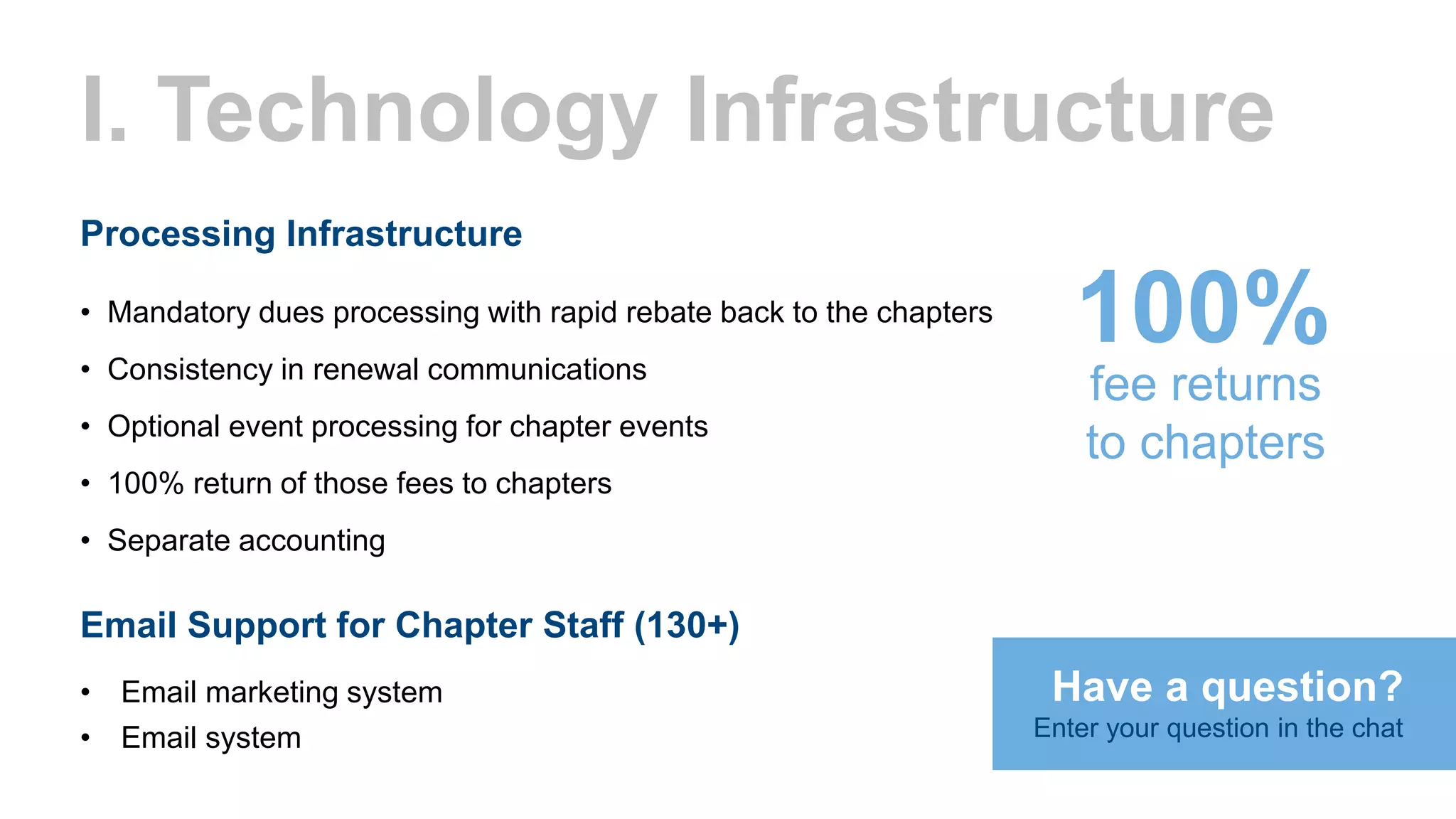 Processing Infrastructure
• Mandatory dues processing with rapid rebate back to the chapters
• Consistency in renewal communications
• Optional event processing for chapter events
• 100% return of those fees to chapters
• Separate accounting
I. Technology Infrastructure
Email Support for Chapter Staff (130+)
• Email marketing system
• Email system
Have a question?
Enter your question in the chat
100%
fee returns
to chapters
 