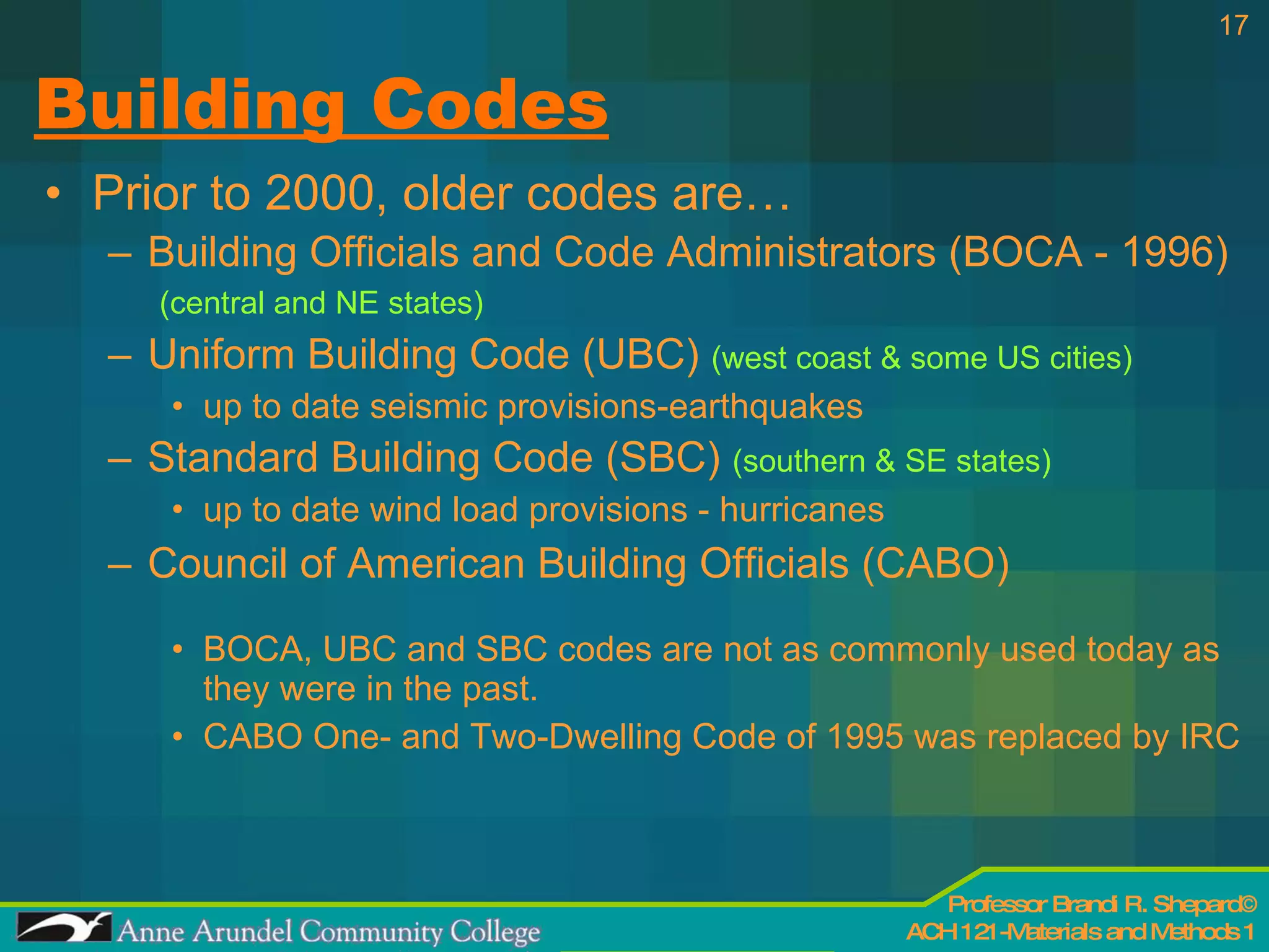 Building Codes Prior to 2000, older codes are… Building Officials and Code Administrators (BOCA - 1996)  (central and NE states) Uniform Building Code (UBC)  (west coast & some US cities) up to date seismic provisions-earthquakes Standard Building Code (SBC)  (southern & SE states) up to date wind load provisions - hurricanes Council of American Building Officials (CABO) BOCA, UBC and SBC codes are not as commonly used today as they were in the past. CABO One- and Two-Dwelling Code of 1995 was replaced by IRC 
