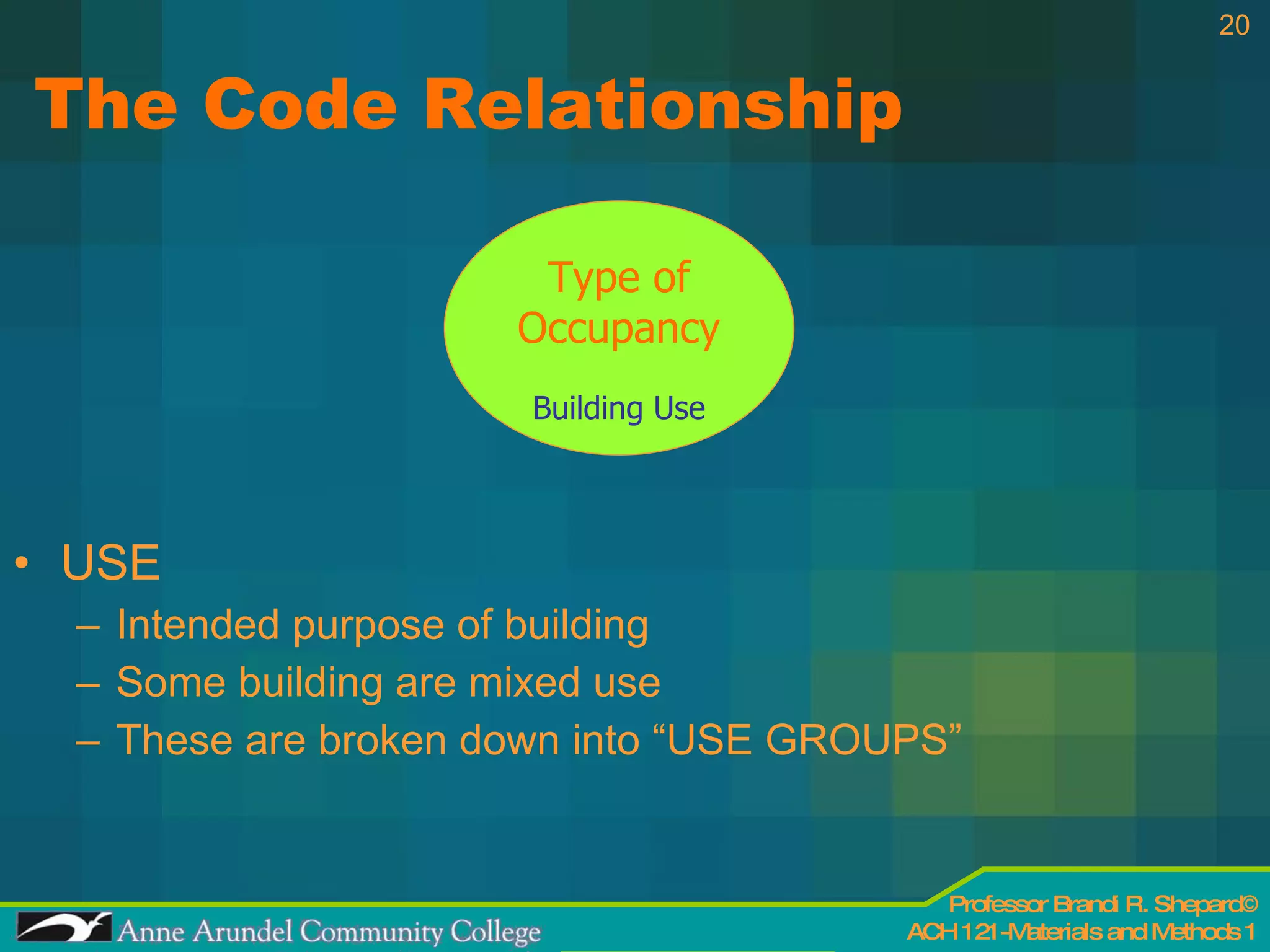 The Code Relationship USE Intended purpose of building Some building are mixed use These are broken down into “USE GROUPS” Type of Occupancy Building Use 