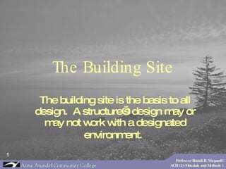 The Building Site The building site is the basis to all design.  A structure’s design may or may not work with a designated environment.   