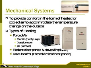 Mechanical Systems To provide comfort in the form of heated or cooled air to accommodate the temperature change on the outside Types of Heating Forced-Air Electric (heat pump) Gas (furnace) Oil (furnace) Radiant (floor panels & stoves/fireplaces) Solar-thermal (Forced air from heat panels) 