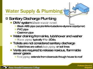 Water Supply & Plumbing Sanitary Discharge Plumbing DWV system  (drain-waste-vent)   Black ABS pipe (acrylonitrile-butadiene-styrene copolymer) PVC pipe Cast-iron pipe Water draining from sinks, tub/shower and washer Waste piping  typically 1½ - 2” dia. Toilets are not considered sanitary discharge  Toilet lines are called  drain piping  or soil lines Vents are required to release noxious, flammable sewer gases Vent piping  extends from cleanouts though house to roof  