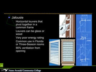 Jalousie Horizontal louvers that pivot together in a common frame Louvers can be glass or wood Very poor energy rating Common use in Florida or Three-Season rooms 90% ventilation from opening Window Operations 