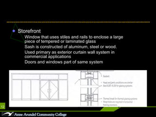 Storefront Window that uses stiles and rails to enclose a large piece of tempered or laminated glass Sash is constructed of aluminum, steel or wood. Used primary as exterior curtain wall system in commercial applications Doors and windows part of same system Window Operations 