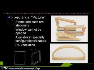 Window Operations Fixed a.k.a. “Picture” Frame and sash are stationary Window cannot be opened Available in specialty configurations/shapes 0% ventilation 