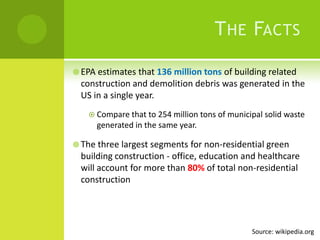 The FactsEPA estimates that 136 million tons of building related construction and demolition debris was generated in the US in a single year. Compare that to 254 million tons of municipal solid waste generated in the same year. The three largest segments for non-residential green building construction - office, education and healthcare will account for more than 80% of total non-residential constructionSource: wikipedia.org