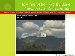 How the Design and Building Community is Contributing If video is not available, refer to ANGEL website under RESOURCES in Module #2Source: www.youtube.com