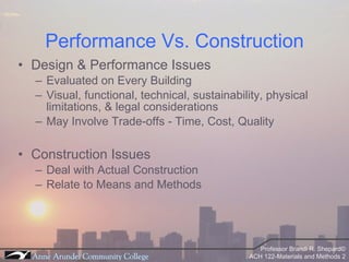 Performance Vs. Construction Design & Performance Issues Evaluated on Every Building Visual, functional, technical, sustainability, physical limitations, & legal considerations May Involve Trade-offs - Time, Cost, Quality Construction Issues Deal with Actual Construction Relate to Means and Methods 