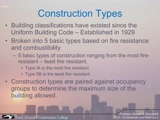 Building classifications have existed since the Uniform Building Code – Established in 1929 Broken into 5 basic types based on fire resistance and combustibility 5 basic types of construction ranging from the most fire-resistant – least fire resistant. Type IA is the most fire resistant Type 5B is the least fire resistant Construction types are paired against occupancy groups to determine the maximum size of the building allowed. Construction Types 