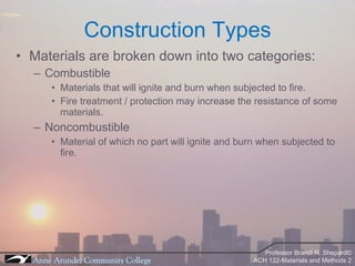 Materials are broken down into two categories: Combustible Materials that will ignite and burn when subjected to fire. Fire treatment / protection may increase the resistance of some materials. Noncombustible Material of which no part will ignite and burn when subjected to fire. Construction Types 