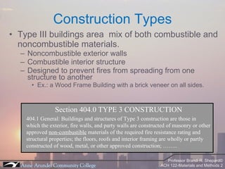 Type III buildings area  mix of both combustible and noncombustible materials. Noncombustible exterior walls Combustible interior structure Designed to prevent fires from spreading from one structure to another Ex.: a Wood Frame Building with a brick veneer on all sides. Construction Types Section 404.0 TYPE 3 CONSTRUCTION 404.1 General: Buildings and structures of Type 3 construction are those in which the exterior, fire walls, and party walls are constructed of masonry or other approved  non-combustible  materials of the required fire resistance rating and structural properties; the floors, roofs and interior framing are wholly or partly constructed of wood, metal, or other approved construction; …….. 