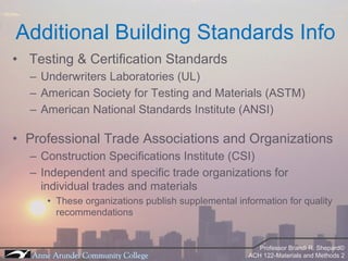 Additional Building Standards Info Testing & Certification Standards Underwriters Laboratories (UL) American Society for Testing and Materials (ASTM) American National Standards Institute (ANSI) Professional Trade Associations and Organizations Construction Specifications Institute (CSI) Independent and specific trade organizations for individual trades and materials These organizations publish supplemental information for quality recommendations  