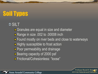 Soil Types SILT Granules are equal in size and diameter Range in size .002 to .00008 inch Found mostly on river beds and close to waterways Highly susceptible to frost action Poor permeability and drainage Bearing capacity of 2000 psf Frictional/Cohesionless: “loose” 