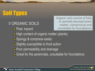 Soil Types ORGANIC SOILS  Peat, topsoil High content of organic matter (plants) Spongy & compress easily Slightly susceptible to frost action Poor permeability and drainage Great for the perennials, unsuitable for foundations Organic soils consist of fully or partially decayed plant matter, compressive and unsuitable for foundations 