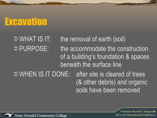Excavation WHAT IS IT:  the removal of earth (soil) PURPOSE: the accommodate the construction  of a building’s foundation & spaces  beneath the surface line WHEN IS IT DONE: after site is cleared of trees  (& other debris) and organic  soils have been removed 