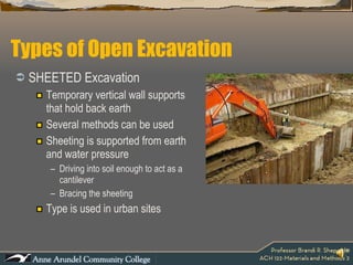 Types of Open Excavation SHEETED Excavation Temporary vertical wall supports that hold back earth Several methods can be used Sheeting is supported from earth and water pressure Driving into soil enough to act as a cantilever Bracing the sheeting  Type is used in urban sites 