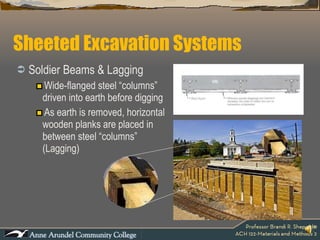 Soldier Beams & Lagging Wide-flanged steel “columns” driven into earth before digging As earth is removed, horizontal wooden planks are placed in between steel “columns” (Lagging) Sheeted Excavation Systems 