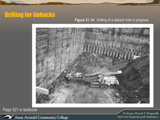 Drilling for tiebacks Page 521 in textbook Figure 21.14:  Drilling of a tieback hole in progress.  