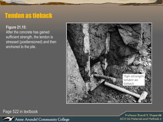 Tendon as tieback Page 522 in textbook Figure 21.15:  After the concrete has gained sufficient strength, the tendon is stressed (posttensioned) and then anchored to the pile.  