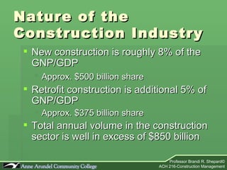 Nature of the  Construction Industry New construction is roughly 8% of the GNP/GDP  Approx. $500 billion share   Retrofit construction is additional 5% of GNP/GDP Approx. $375 billion share Total annual volume in the construction sector is well in excess of $850 billion  