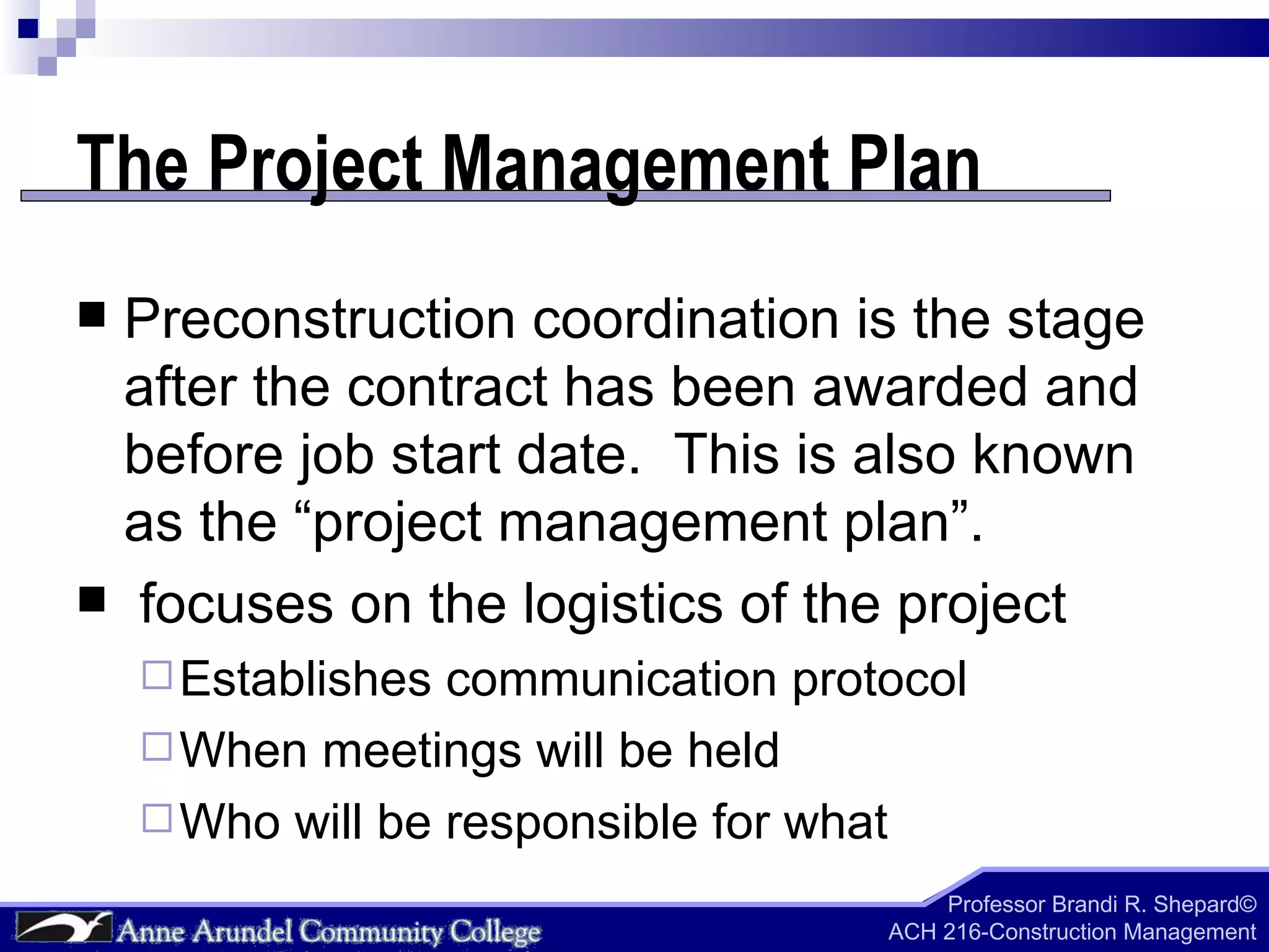 ACH 216 Lecture 06 (Pre Construction Planning) | PPT