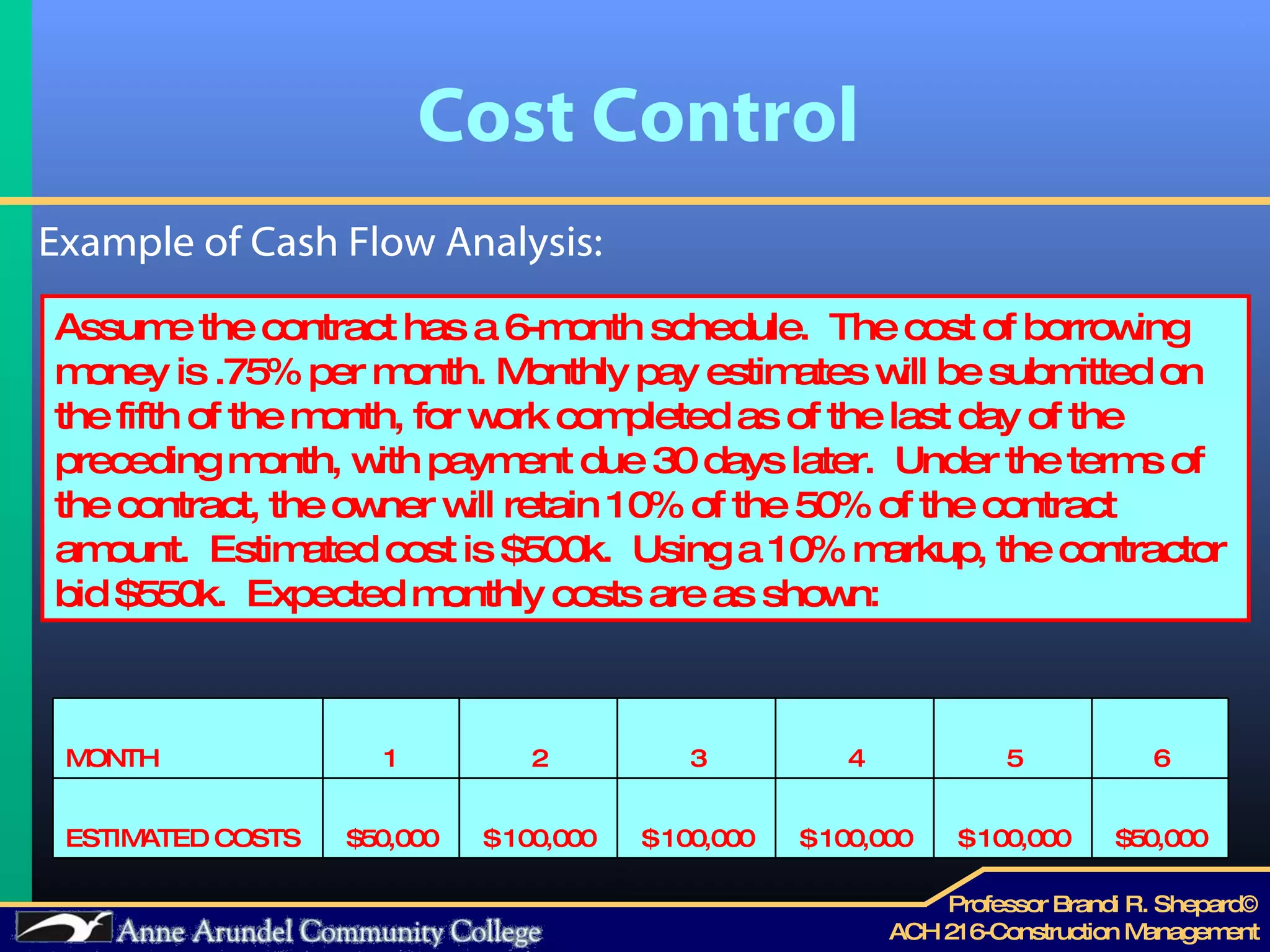 Cost Control Example of Cash Flow Analysis: Assume the contract has a 6-month schedule.  The cost of borrowing money is .75% per month. Monthly pay estimates will be submitted on the fifth of the month, for work completed as of the last day of the preceding month, with payment due 30 days later.  Under the terms of the contract, the owner will retain 10% of the 50% of the contract amount.  Estimated cost is $500k.  Using a 10% markup, the contractor bid $550k.  Expected monthly costs are as shown: MONTH 1 2 3 4 5 6 ESTIMATED COSTS $50,000  $ 100,000  $ 100,000  $ 100,000  $ 100,000  $50,000  