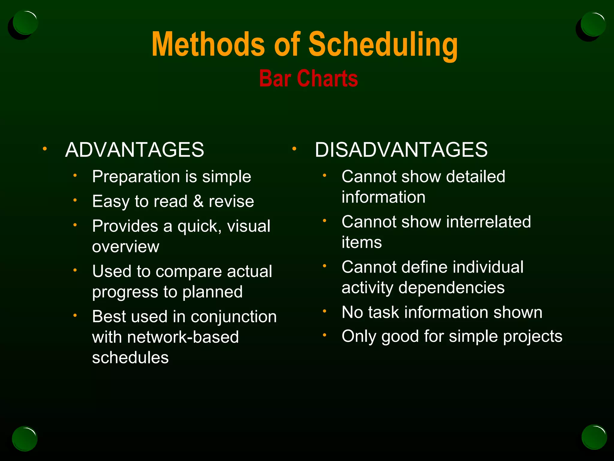 Methods of Scheduling  Bar Charts ADVANTAGES Preparation is simple Easy to read & revise Provides a quick, visual overview Used to compare actual progress to planned Best used in conjunction with network-based schedules  DISADVANTAGES Cannot show detailed information  Cannot show interrelated items Cannot define individual activity dependencies No task information shown Only good for simple projects   