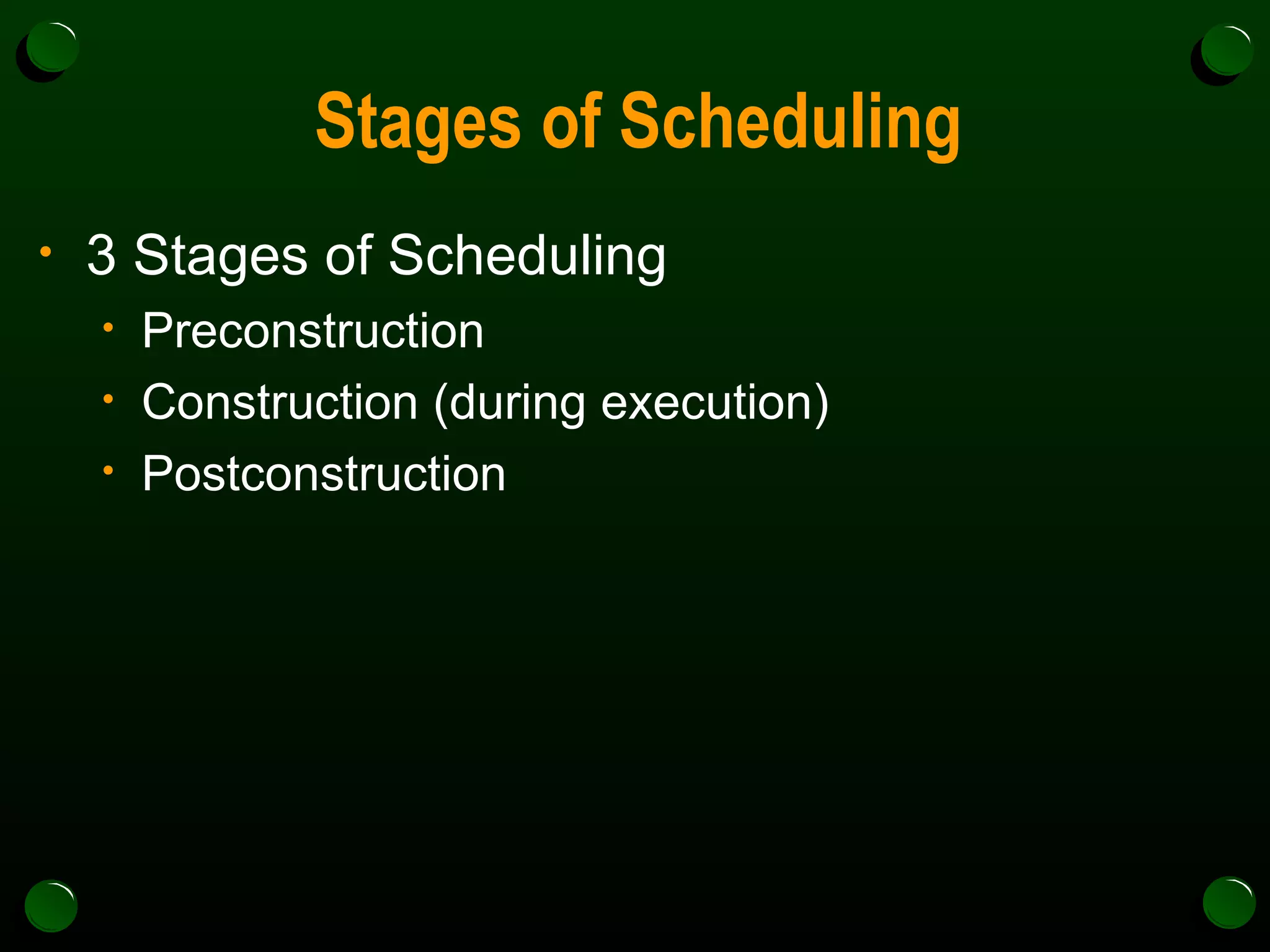 Stages of Scheduling 3 Stages of Scheduling Preconstruction Construction (during execution) Postconstruction 