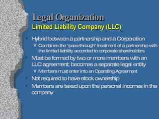 Legal Organization  Limited Liability Company (LLC) Hybrid between a partnership and a Corporation  Combines the "pass-through" treatment of a partnership with the limited liability accorded to corporate shareholders  Must be formed by two or more members with an LLC agreement; becomes a separate legal entity  Members must enter into an Operating Agreement Not required to have stock ownership Members are taxed upon the personal incomes in the company 
