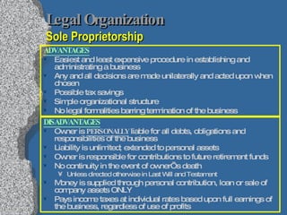 Legal Organization   Sole Proprietorship ADVANTAGES Easiest and least expensive procedure in establishing and administrating a business Any and all decisions are made unilaterally and acted upon when chosen Possible tax savings Simple organizational structure No legal formalities barring termination of the business DISADVANTAGES Owner is  PERSONALLY  liable for all debts, obligations and responsibilities of the business Liability is unlimited; extended to personal assets Owner is responsible for contributions to future retirement funds No continuity in the event of owner’s death Unless directed otherwise in Last Will and Testament Money is supplied through personal contribution, loan or sale of company assets ONLY Pays income taxes at individual rates based upon full earnings of the business, regardless of use of profits 