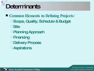 Determinants Common Elements to Defining Projects: Scope, Quality, Schedule & Budget Site Planning Approach Financing Delivery Process Aspirations 