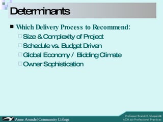 Determinants Which Delivery Process to Recommend: Size & Complexity of Project Schedule vs. Budget Driven Global Economy /  Bidding Climate Owner Sophistication 