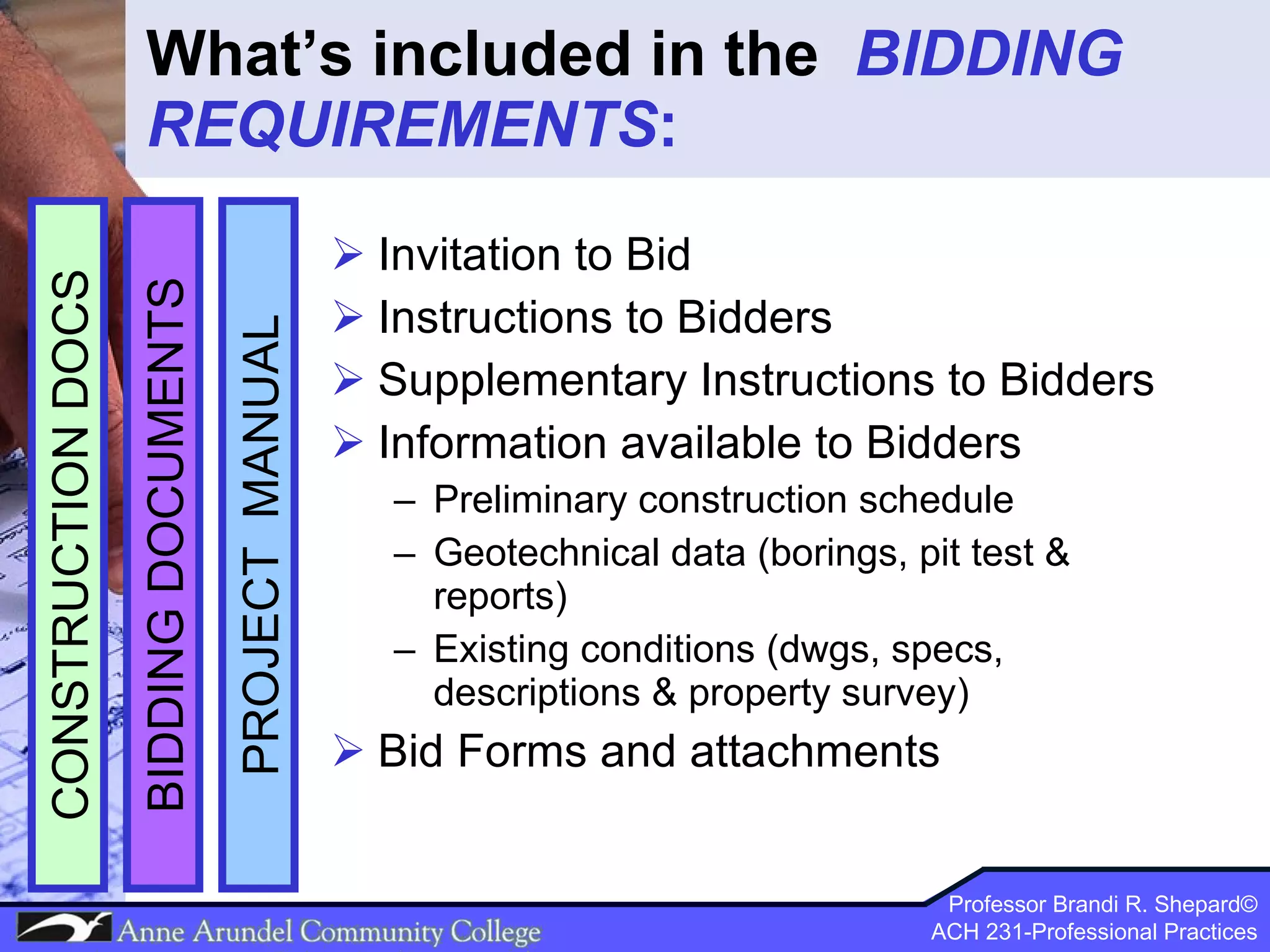 What’s included in the  BIDDING REQUIREMENTS : Invitation to Bid Instructions to Bidders Supplementary Instructions to Bidders Information available to Bidders Preliminary construction schedule Geotechnical data (borings, pit test & reports) Existing conditions (dwgs, specs, descriptions & property survey) Bid Forms and attachments PROJECT  MANUAL BIDDING DOCUMENTS CONSTRUCTION DOCS 