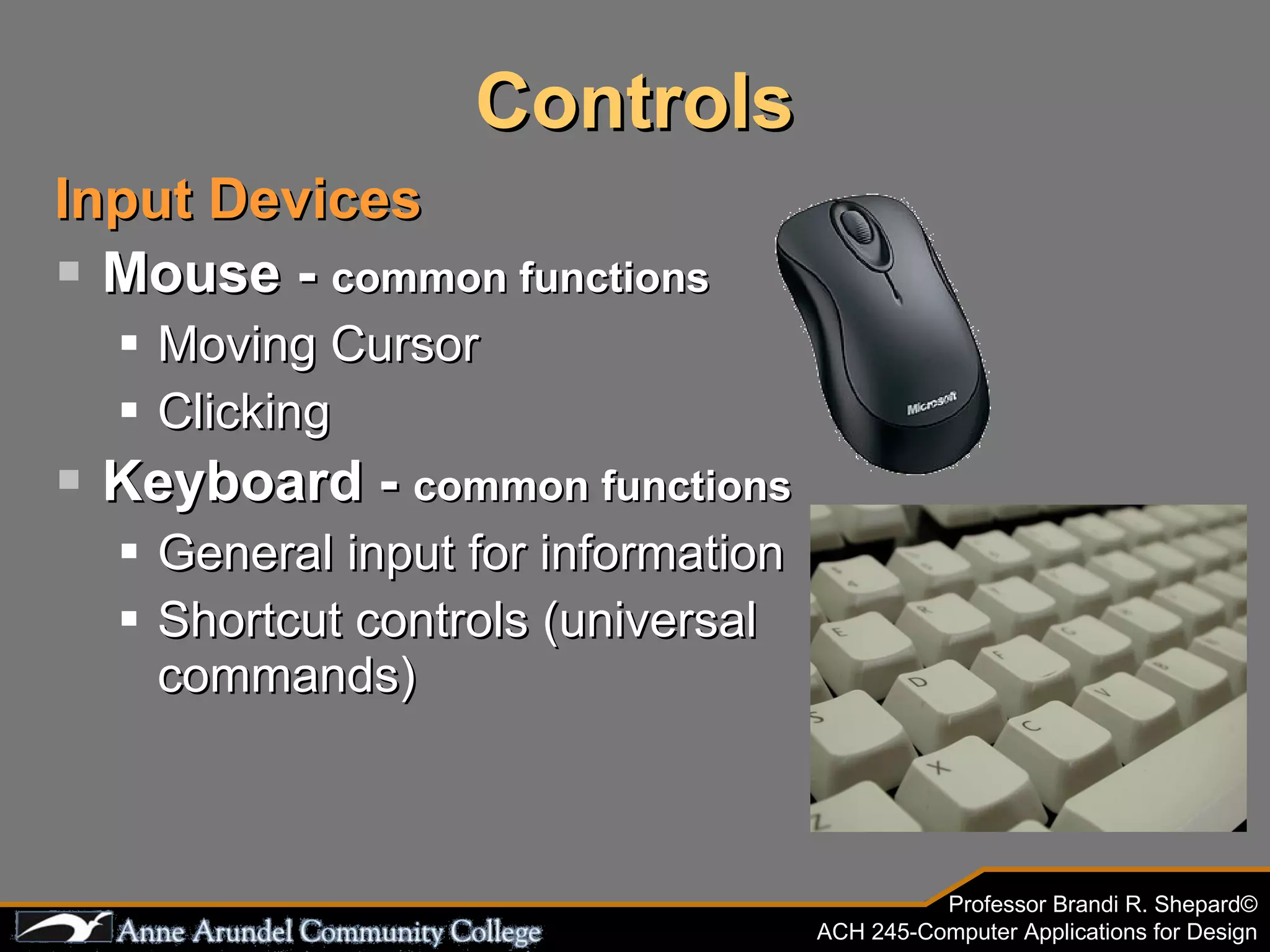 Controls Input Devices Mouse -  common functions Moving Cursor Clicking  Keyboard -  common functions General input for information Shortcut controls (universal commands) 
