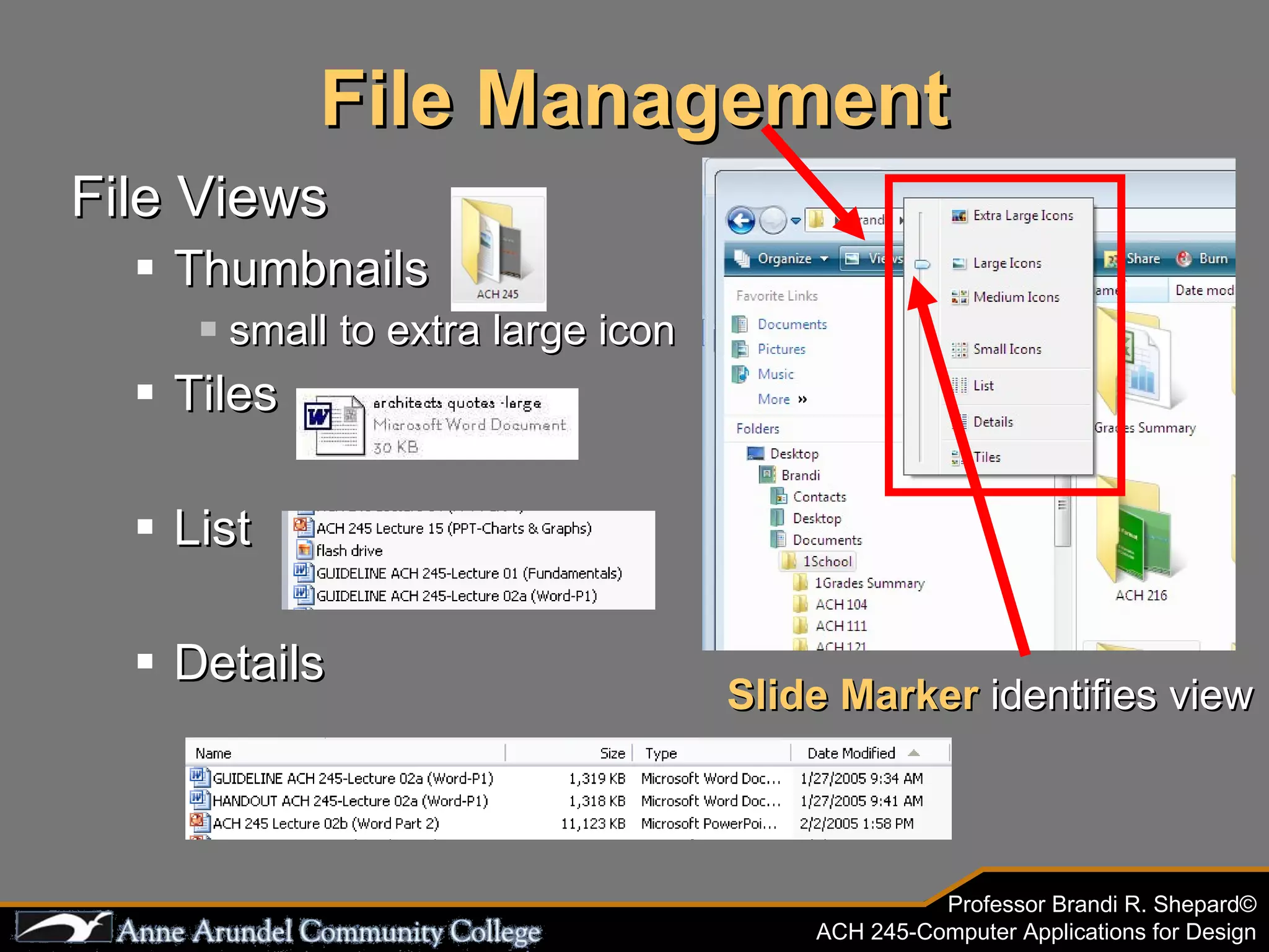 File Management File Views Thumbnails small to extra large icon Tiles List Details Slide Marker  identifies view 