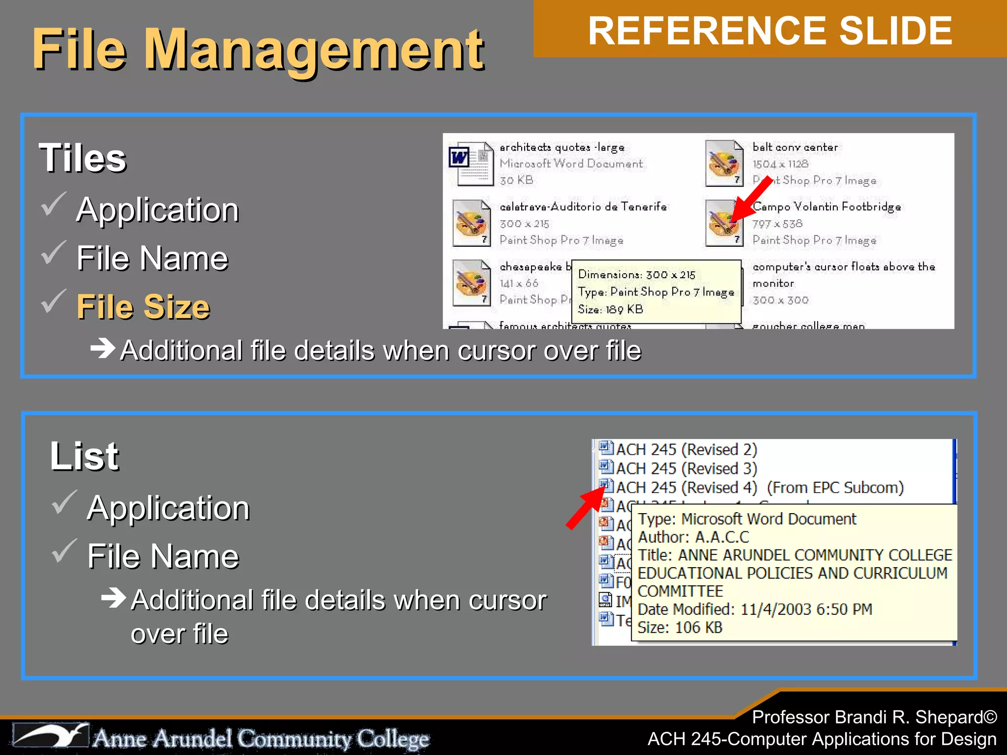 File Management REFERENCE SLIDE List Application File Name Additional file details when cursor over file Tiles Application File Name File Size Additional file details when cursor over file 