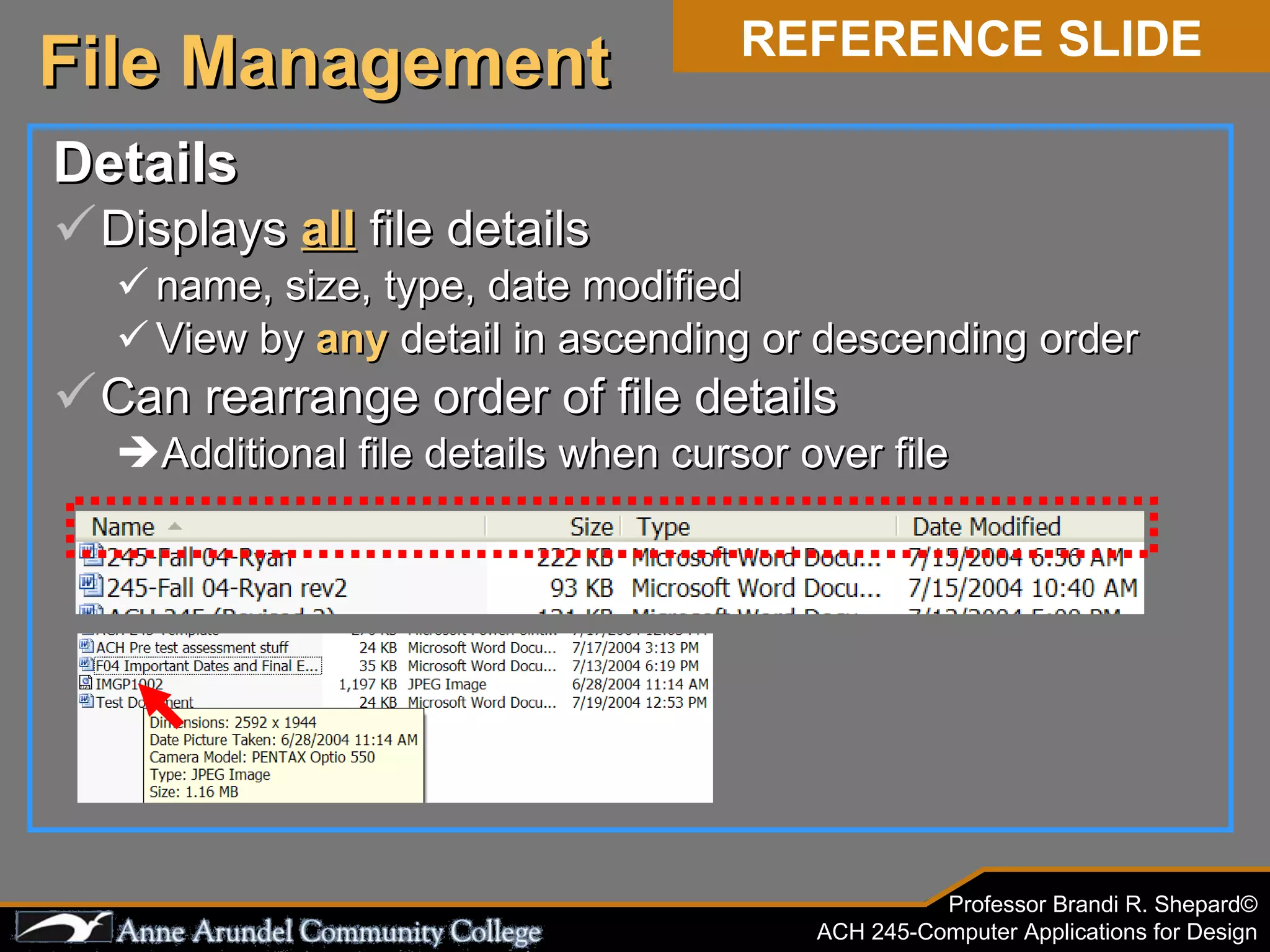 Details Displays  all  file details name, size, type, date modified View by  any  detail in ascending or descending order Can rearrange order of file details Additional file details when cursor over file File Management REFERENCE SLIDE 