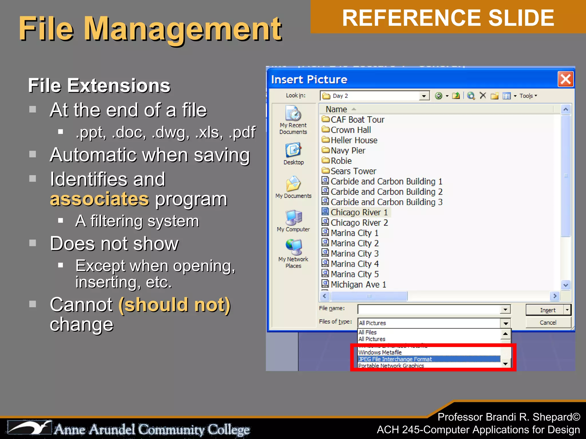 File Extensions At the end of a file .ppt, .doc, .dwg, .xls, .pdf Automatic when saving Identifies and  associates  program A filtering system Does not show Except when opening, inserting, etc. Cannot  (should not)  change File Management REFERENCE SLIDE 
