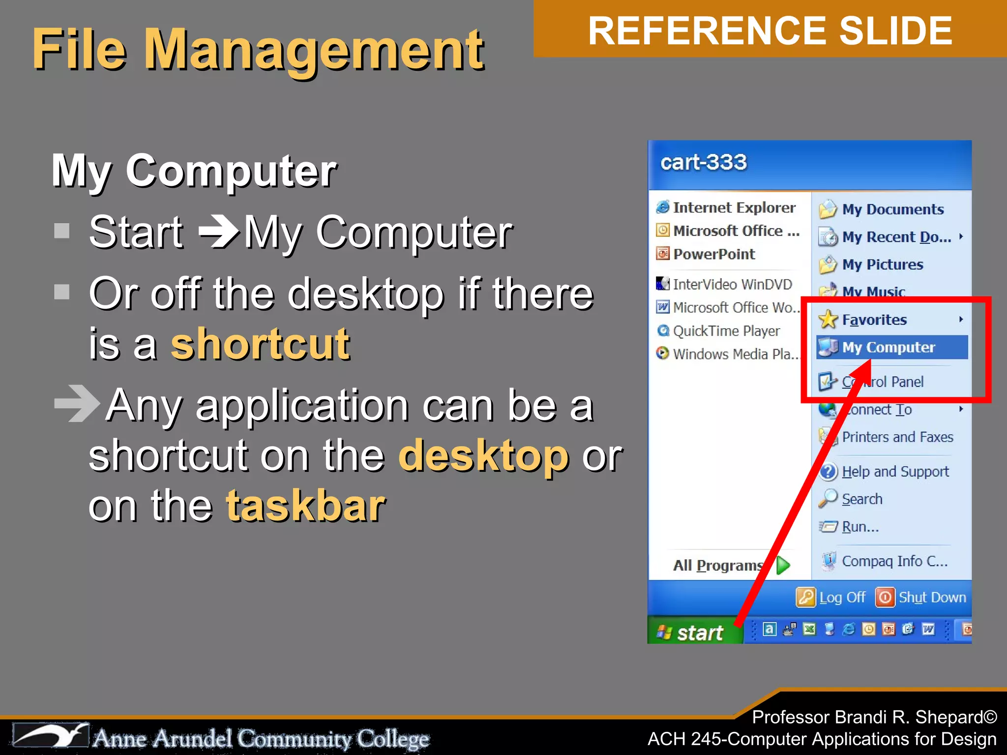 My Computer Start   My Computer Or off the desktop if there is a  shortcut Any application can be a shortcut on the  desktop  or on the  taskbar File Management REFERENCE SLIDE 