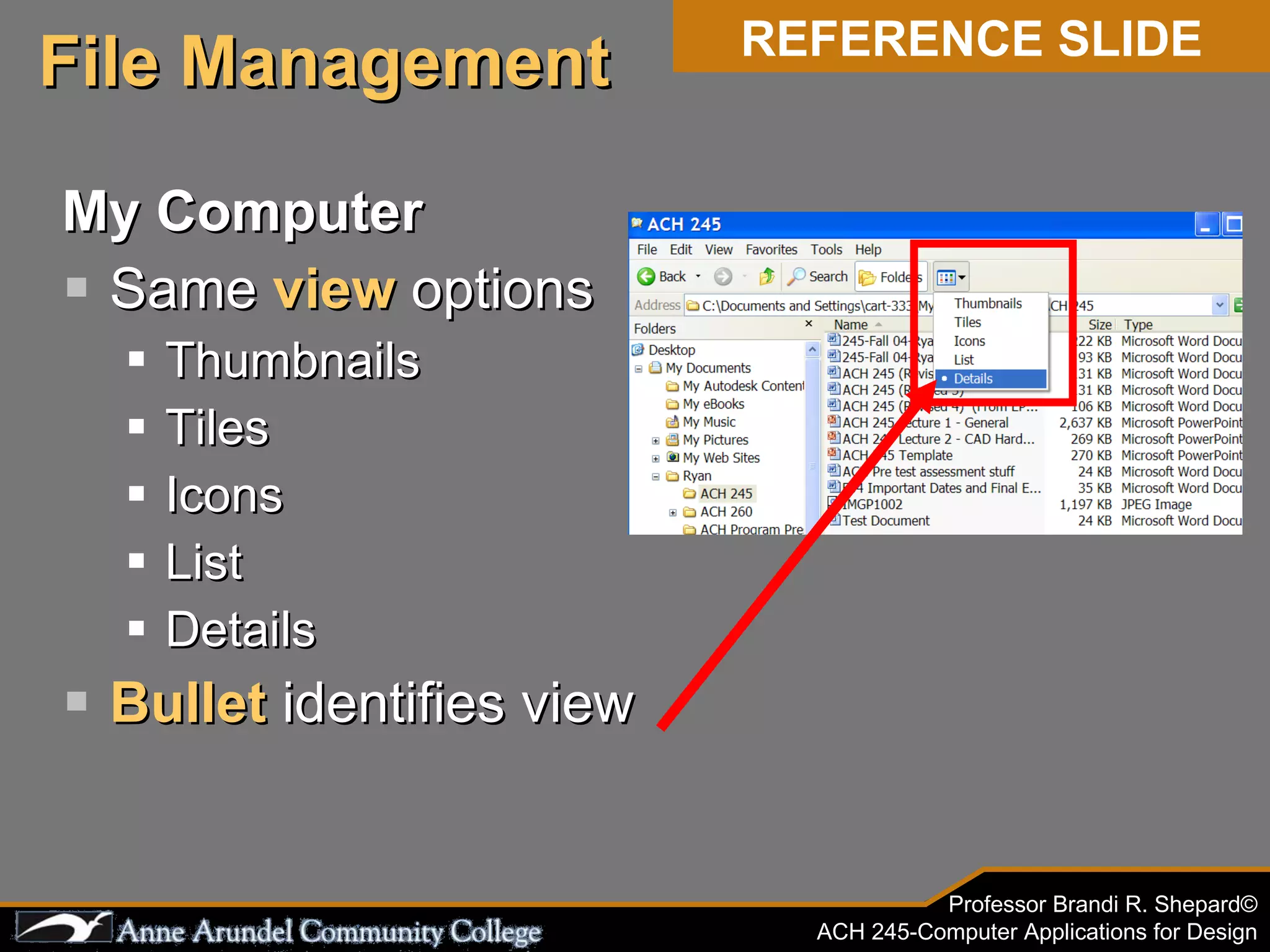 My Computer Same  view  options Thumbnails Tiles Icons List Details Bullet  identifies view File Management REFERENCE SLIDE 