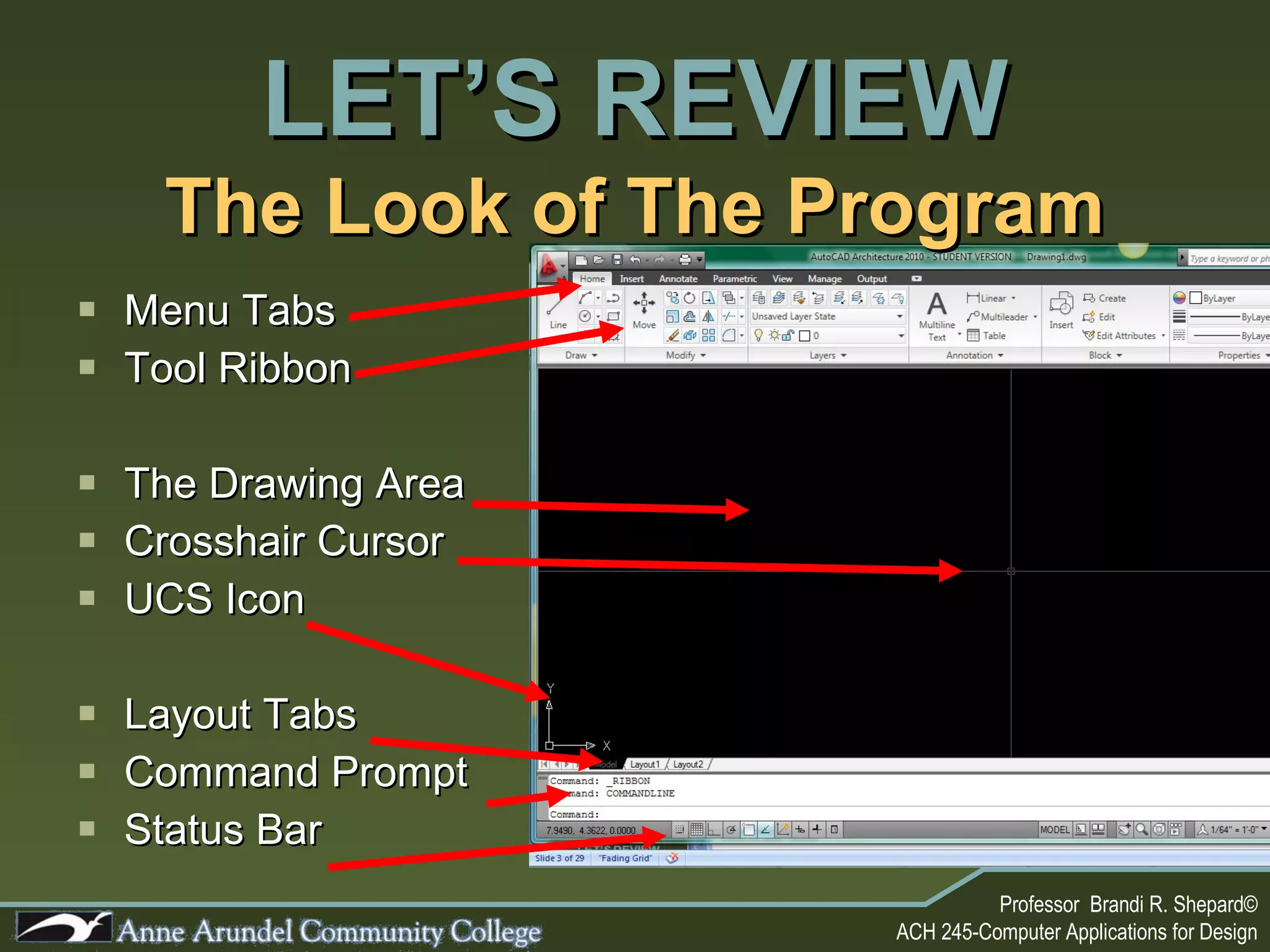 The Look of The Program Menu Tabs Tool Ribbon The Drawing Area Crosshair Cursor UCS Icon Layout Tabs Command Prompt Status Bar LET’S REVIEW 