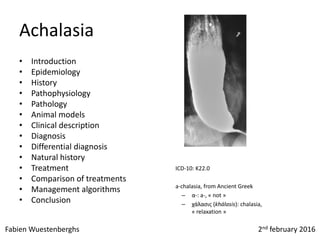 Achalasia
• Introduction
• Epidemiology
• History
• Pathophysiology
• Pathology
• Animal models
• Clinical description
• Diagnosis
• Differential diagnosis
• Natural history
• Treatment
• Comparison of treatments
• Management algorithms
• Conclusion
ICD-10: K22.0
a-chalasia, from Ancient Greek
– α-: a-, « not »
– χάλασις (khálasis): chalasia,
« relaxation »
Fabien Wuestenberghs 2nd february 2016
 