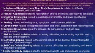 Nursing diagnoses for Achalasia
A nursing diagnosis is a clinical judgment about individual, family, or community experiences/responses to actual or
potential health problems/life processes. Here are 10 possible nursing diagnoses for a patient with achalasia:
1.Imbalanced Nutrition: Less Than Body Requirements related to difficulty
swallowing and reduced oral intake.
2.Risk for Aspiration related to regurgitation of food and fluids secondary to achalasia.
3.Impaired Swallowing related to esophageal dysmotility and lower esophageal
sphincter dysfunction.
4.Anxiety related to the diagnosis, symptoms, and future uncertainties.
5.Chronic Pain related to esophageal spasm and chest discomfort from food impaction.
6.Deficient Knowledge about the disease, its management, and self-care
requirements.
7.Risk for Social Isolation related to eating difficulties, fear of eating in public, and
possible embarrassment.
8.Ineffective Coping related to the chronic nature of the disease, frequent hospital
visits, and lifestyle changes.
9.Self-Care Deficit: Feeding related to physical difficulties with swallowing and fear of
choking or aspiration.
10.Disturbed Body Image related to significant weight loss and changes in physical
 