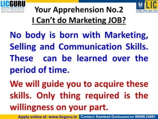 Your Apprehension No.2
I Can’t do Marketing JOB?
No body is born with Marketing,
Selling and Communication Skills.
These can be learned over the
period of time.
We will guide you to acquire these
skills. Only thing required is the
willingness on your part.
 