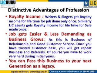 Distinctive Advantages of Profession
• Royalty Income : Writers & Singers get Royalty
income for life time for job done only once. Similarly
LIC agents gets Royalty Income for life time for Sale
made once.
• Job gets Easier & Less Demanding as
Business Grows: As this is Business of
Relationship and Good Customer Service. Once you
have trusted customer base, you will get repeat
Business and Referrals. Of course you have to work
very hard during initial years.
• You can Pass this Business to your next
Generation as a legacy.
 