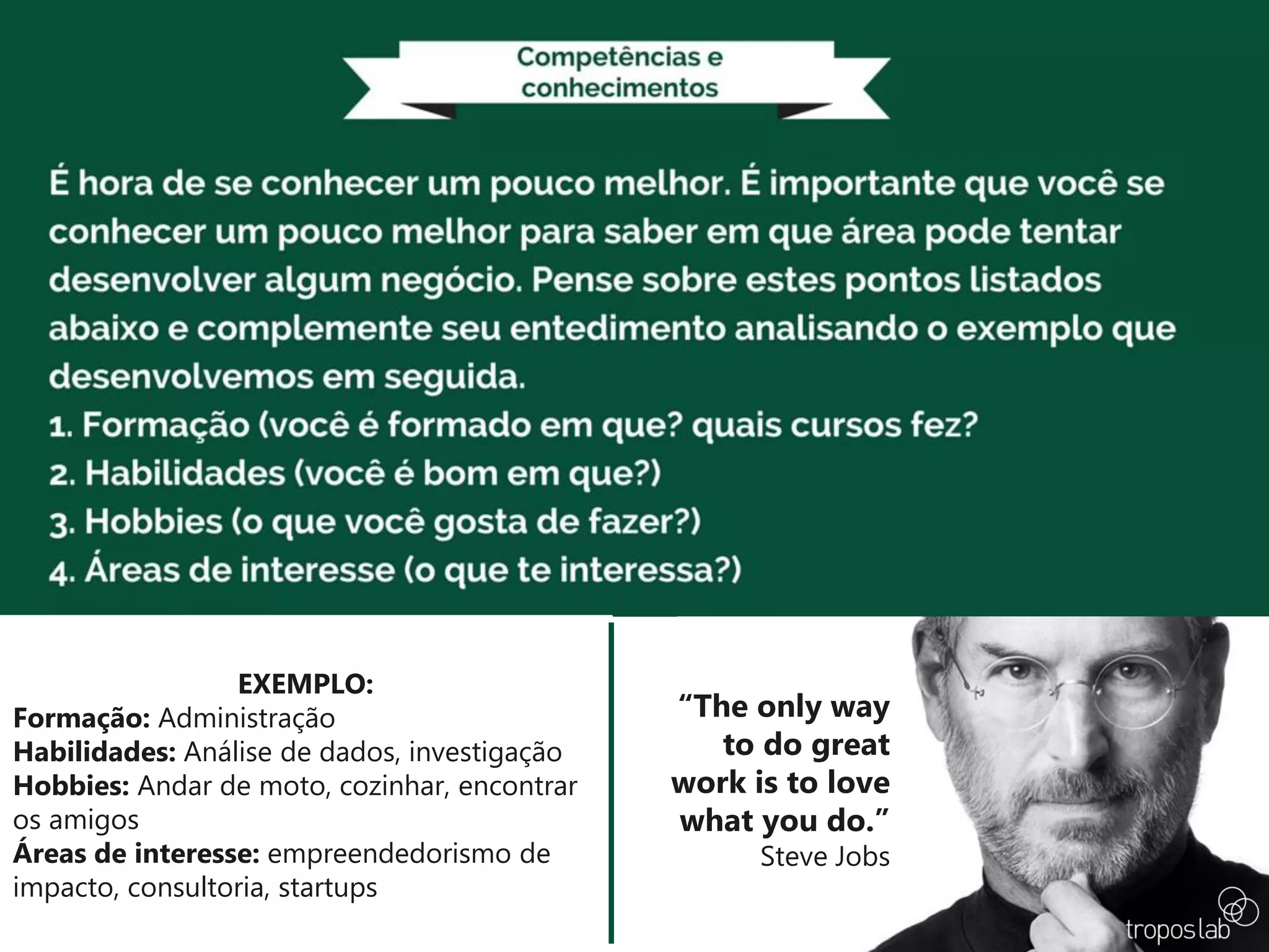 “The only way
to do great
work is to love
what you do.”
Steve Jobs
EXEMPLO:
Formação: Administração
Habilidades: Análise de dados, investigação
Hobbies: Andar de moto, cozinhar, encontrar
os amigos
Áreas de interesse: empreendedorismo de
impacto, consultoria, startups
 