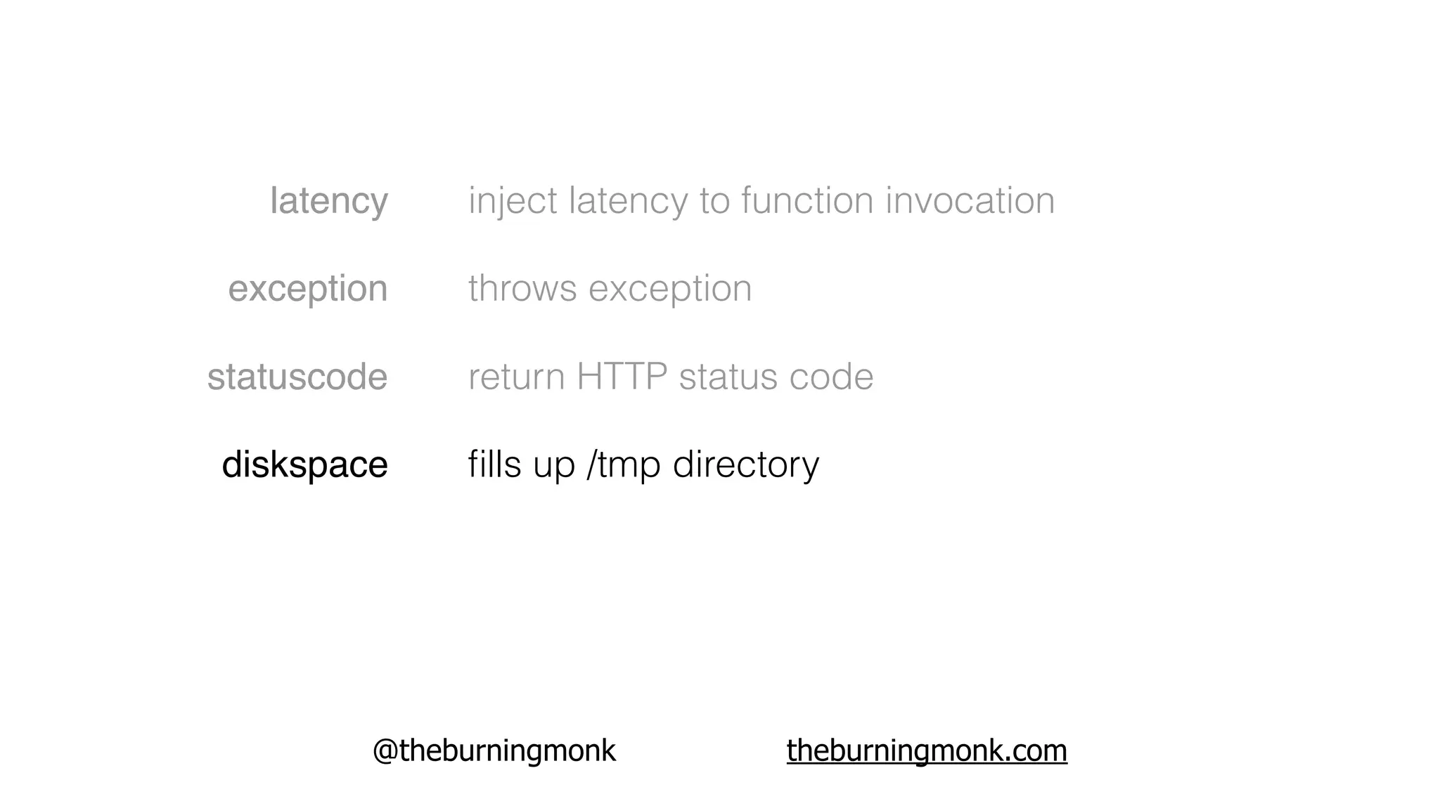 @theburningmonk theburningmonk.com
latency
exception
statuscode
diskspace
inject latency to function invocation
throws exception
return HTTP status code
ﬁlls up /tmp directory
 