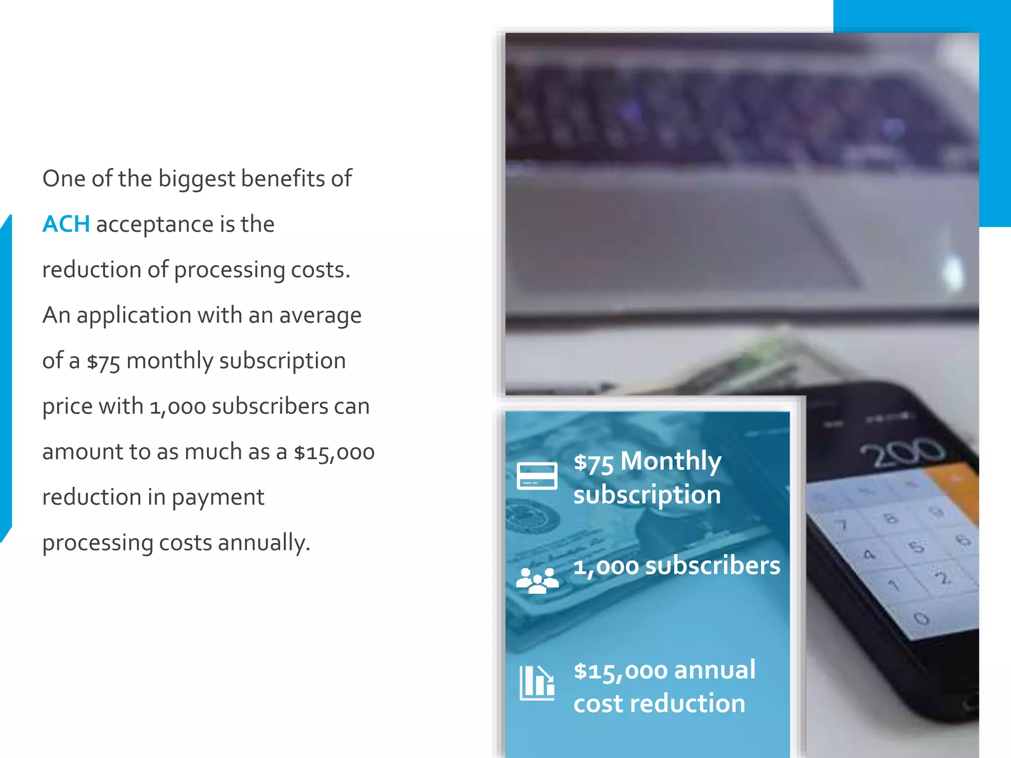 One of the biggest benefits of
ACH acceptance is the
reduction of processing costs.
An application with an average
of a $75 monthly subscription
price with 1,000 subscribers can
amount to as much as a $15,000
reduction in payment
processing costs annually.
1,000 subscribers
$75 Monthly
subscription
$15,000 annual
cost reduction
 