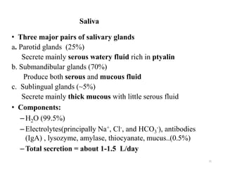Saliva
• Three major pairs of salivary glands
a. Parotid glands (25%)
Secrete mainly serous watery fluid rich in ptyalin
b. Submandibular glands (70%)
Produce both serous and mucous fluid
c. Sublingual glands (~5%)
Secrete mainly thick mucous with little serous fluid
• Components:
–H2O (99.5%)
–Electrolytes(principally Na+, Cl-, and HCO3
-), antibodies
(IgA) , lysozyme, amylase, thiocyanate, mucus..(0.5%)
–Total secretion = about 1-1.5 L/day
15
 